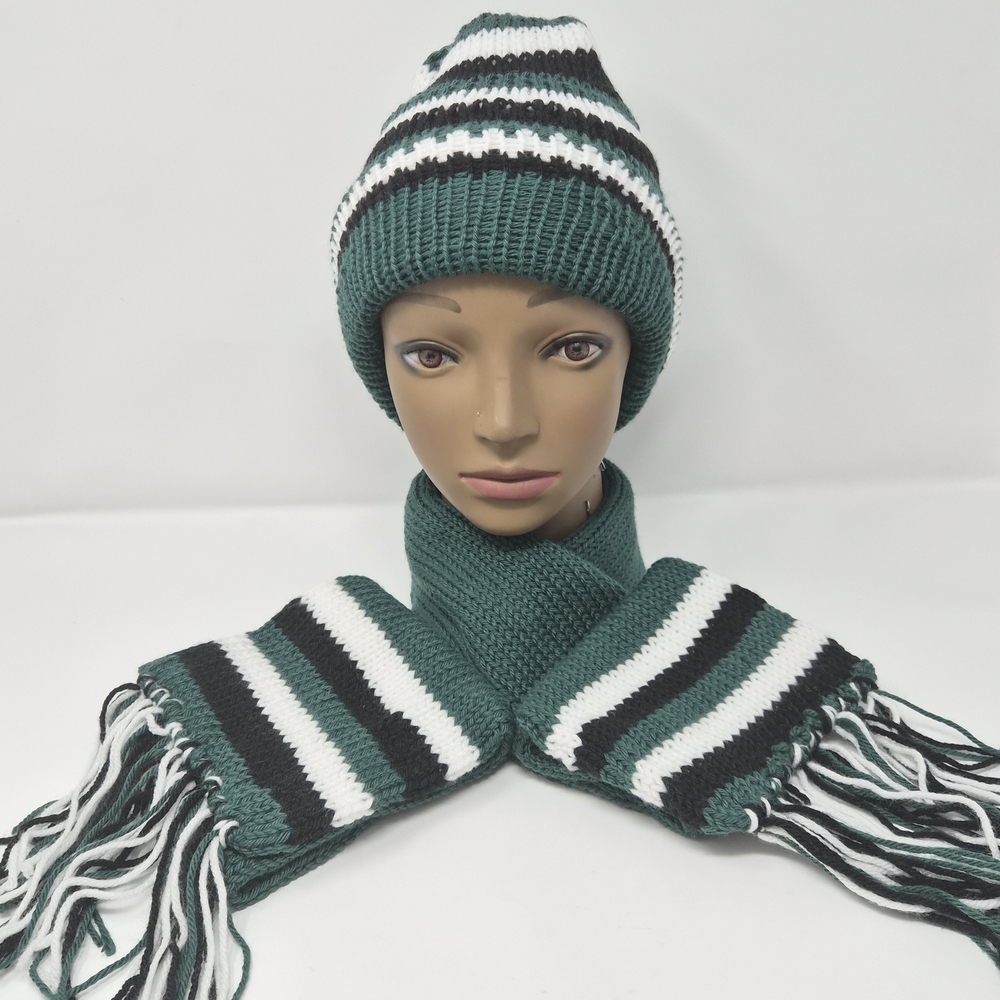 Chic Striped Beanie and Scarf Set - Teal, Black, and White